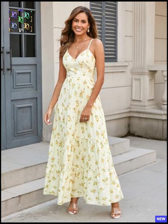 Floral Maxi Sundress Boho V Neck Spaghetti Strap Backless Bow Tie Beach Dress - Picture 4 of 7